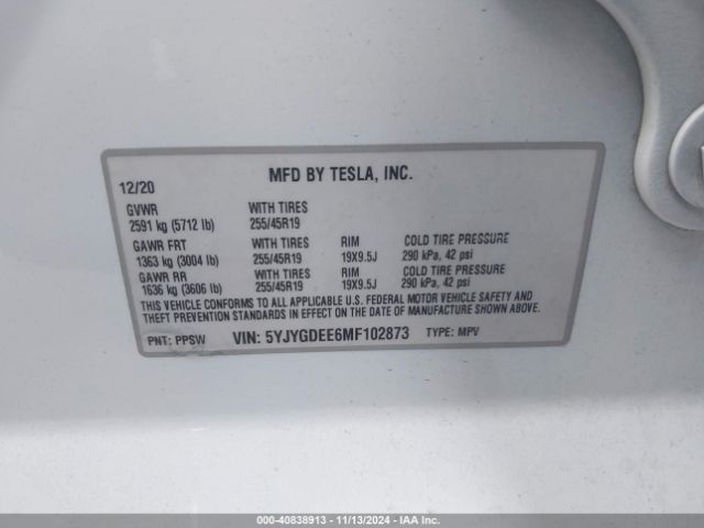 Photo 8 VIN: 5YJYGDEE6MF102873 - TESLA MODEL Y 