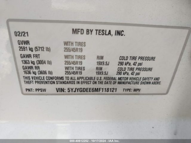 Photo 8 VIN: 5YJYGDEE6MF118121 - TESLA MODEL Y 