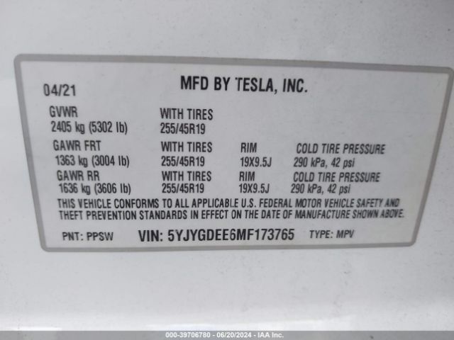 Photo 8 VIN: 5YJYGDEE6MF173765 - TESLA MODEL Y 