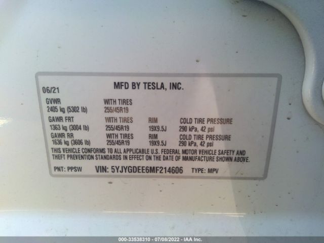 Photo 8 VIN: 5YJYGDEE6MF214606 - TESLA MODEL Y 