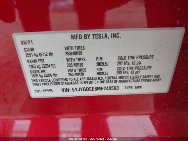 Photo 8 VIN: 5YJYGDEE6MF248593 - TESLA MODEL Y 