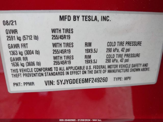 Photo 8 VIN: 5YJYGDEE6MF249260 - TESLA MODEL Y 