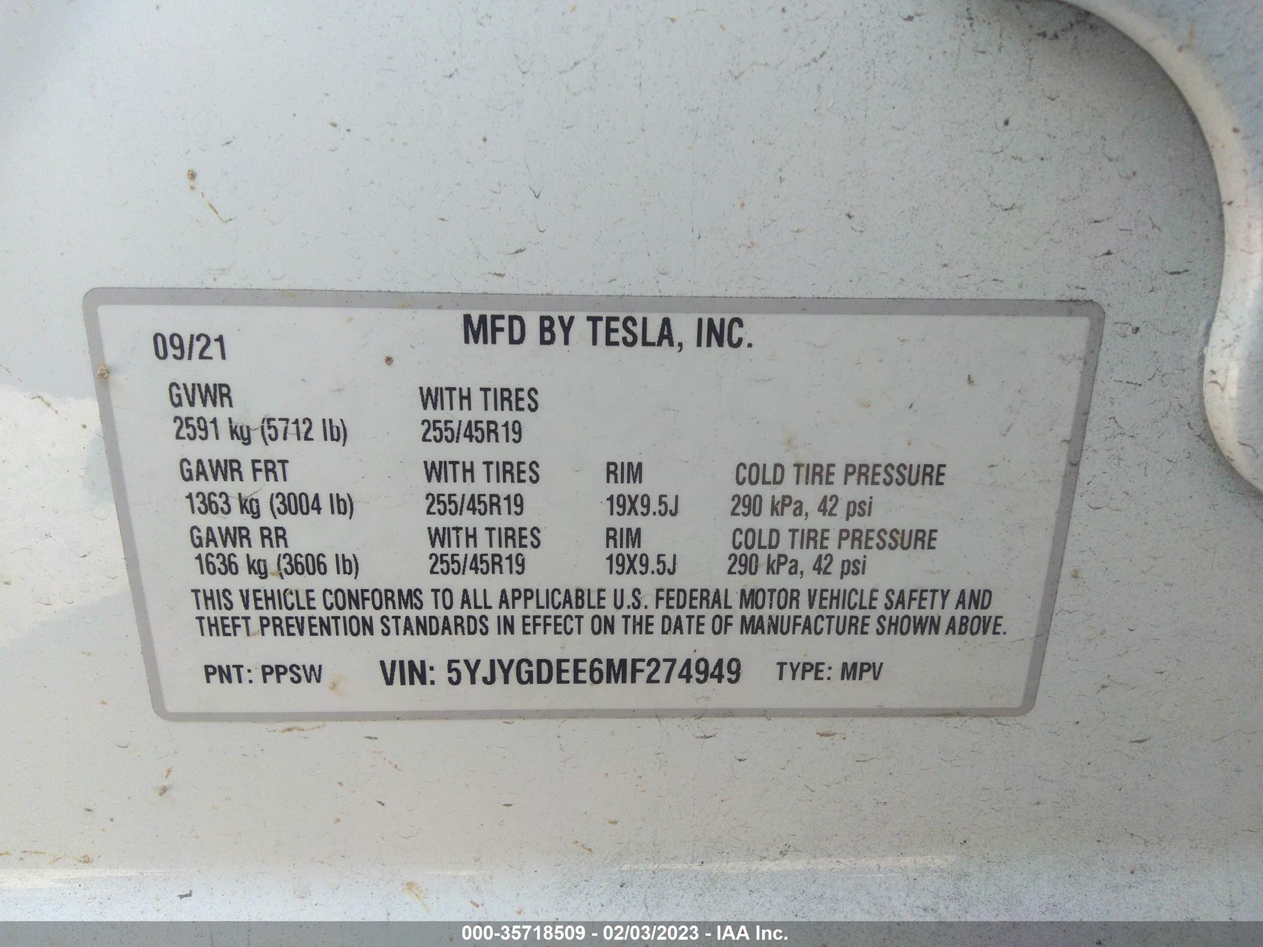 Photo 8 VIN: 5YJYGDEE6MF274949 - TESLA MODEL Y 