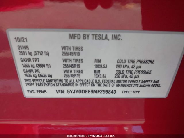 Photo 8 VIN: 5YJYGDEE6MF296840 - TESLA MODEL Y 