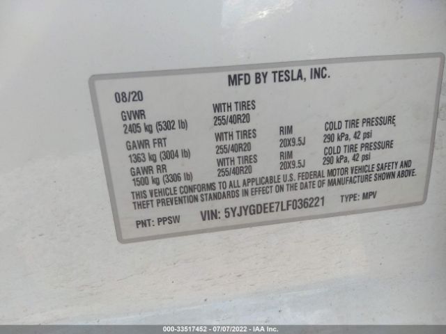 Photo 8 VIN: 5YJYGDEE7LF036221 - TESLA MODEL Y 