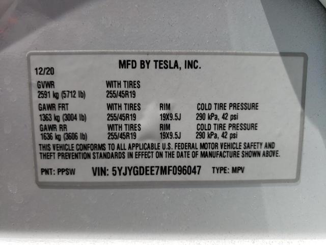 Photo 12 VIN: 5YJYGDEE7MF096047 - TESLA MODEL Y 