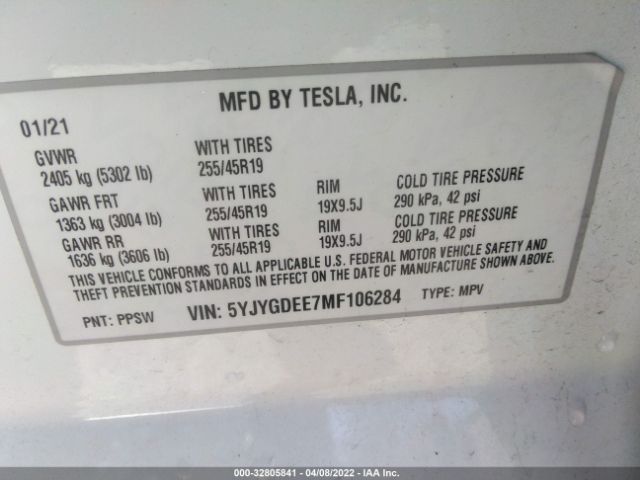 Photo 8 VIN: 5YJYGDEE7MF106284 - TESLA MODEL Y 