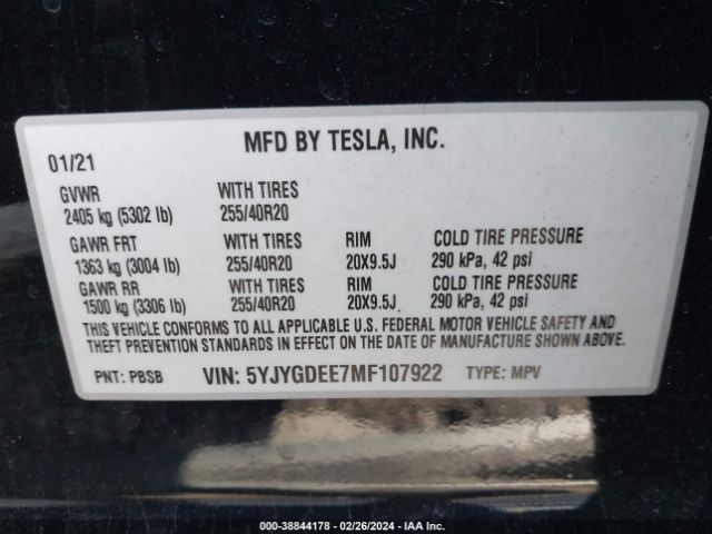 Photo 8 VIN: 5YJYGDEE7MF107922 - TESLA MODEL Y 