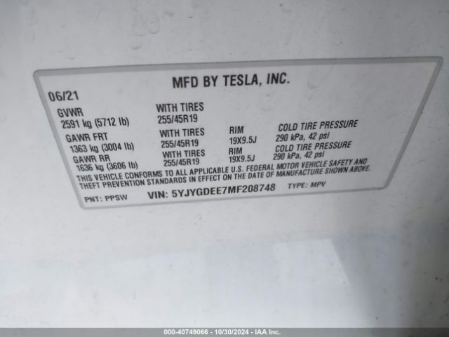 Photo 8 VIN: 5YJYGDEE7MF208748 - TESLA MODEL Y 