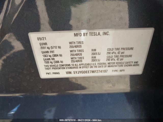 Photo 8 VIN: 5YJYGDEE7MF274197 - TESLA MODEL Y 