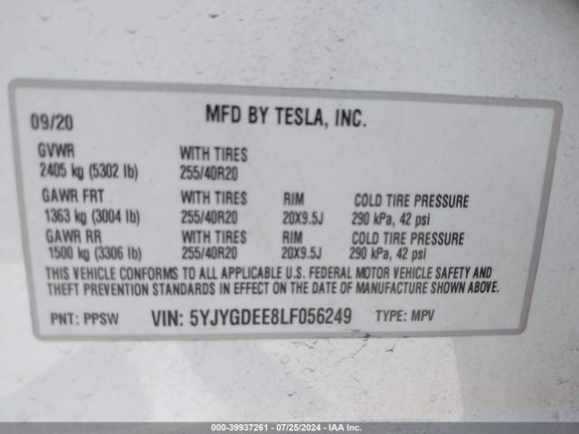 Photo 8 VIN: 5YJYGDEE8LF056249 - TESLA MODEL Y 