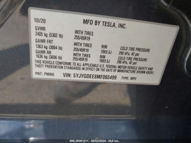 Photo 8 VIN: 5YJYGDEE8MF065499 - TESLA MODEL Y 