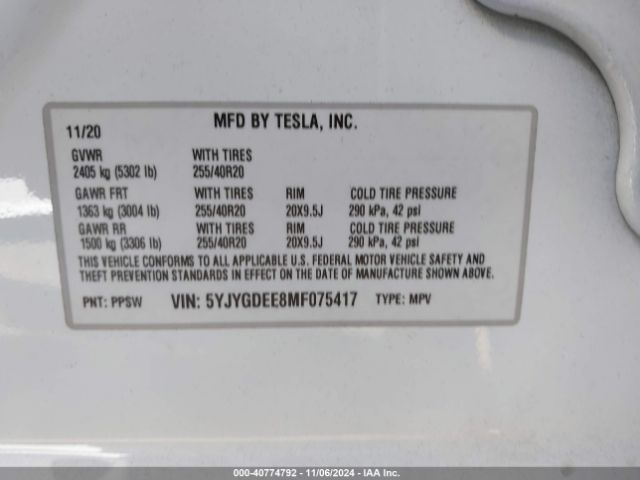 Photo 8 VIN: 5YJYGDEE8MF075417 - TESLA MODEL Y 