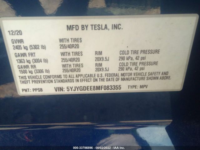 Photo 8 VIN: 5YJYGDEE8MF083355 - TESLA MODEL Y 