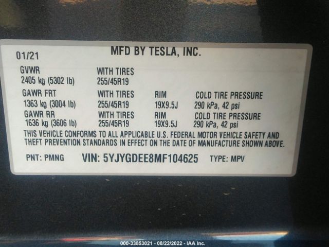 Photo 8 VIN: 5YJYGDEE8MF104625 - TESLA MODEL Y 