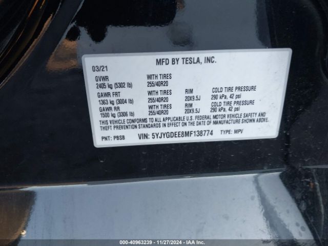 Photo 8 VIN: 5YJYGDEE8MF138774 - TESLA MODEL Y 