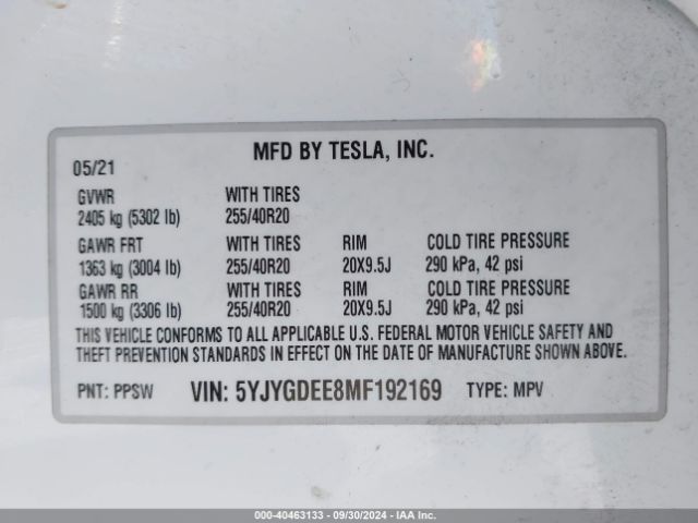 Photo 8 VIN: 5YJYGDEE8MF192169 - TESLA MODEL Y 