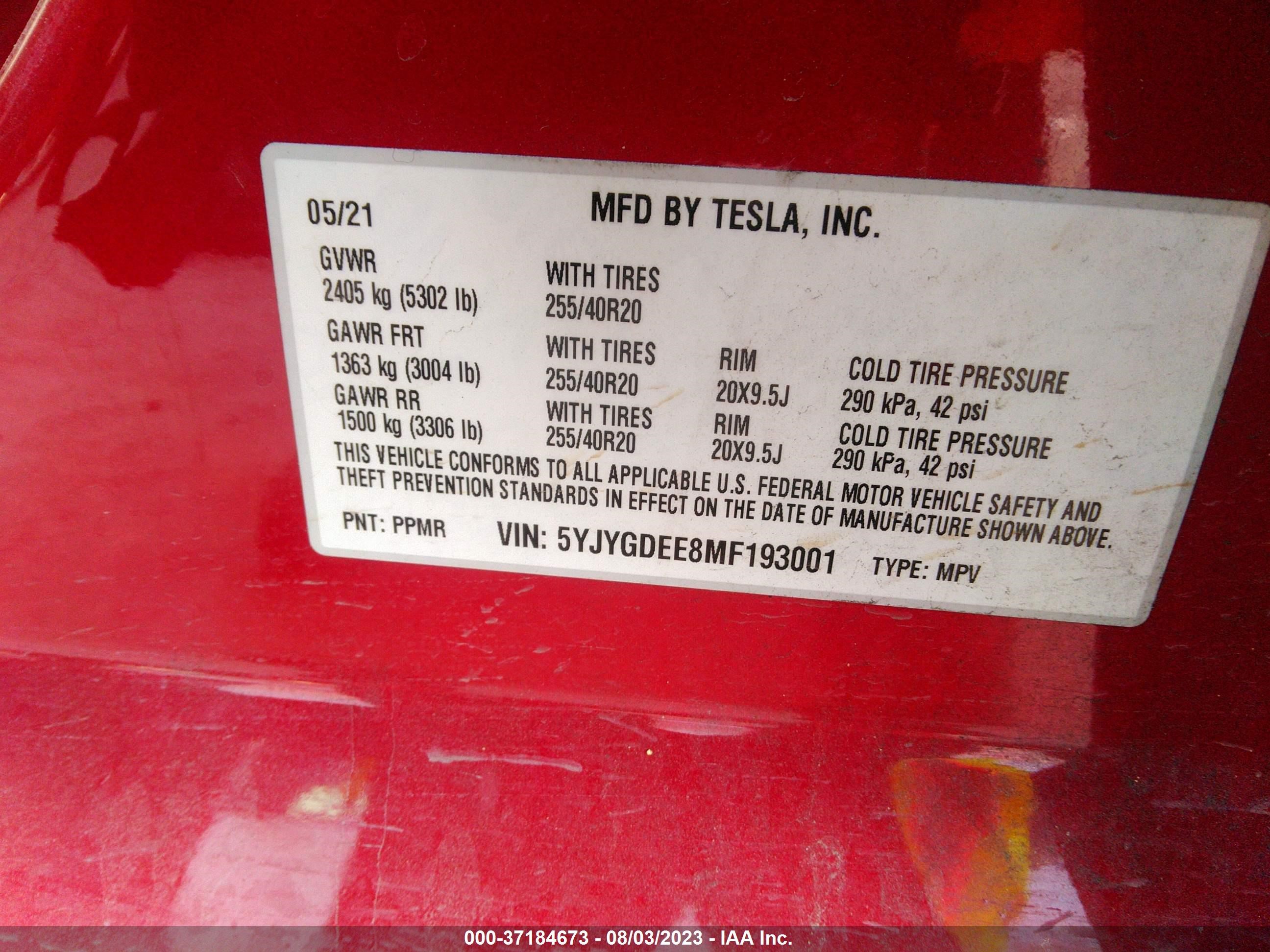 Photo 8 VIN: 5YJYGDEE8MF193001 - TESLA MODEL Y 