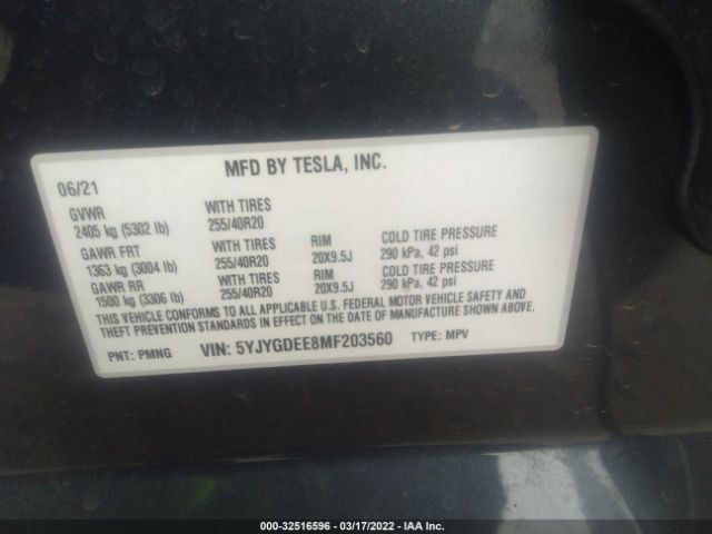 Photo 8 VIN: 5YJYGDEE8MF203560 - TESLA MODEL Y 