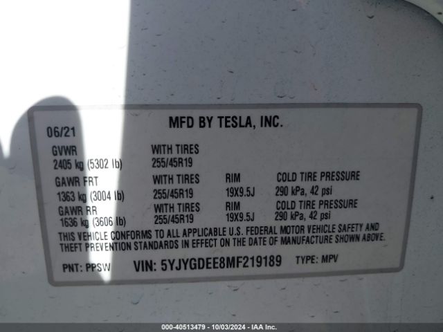 Photo 8 VIN: 5YJYGDEE8MF219189 - TESLA MODEL Y 