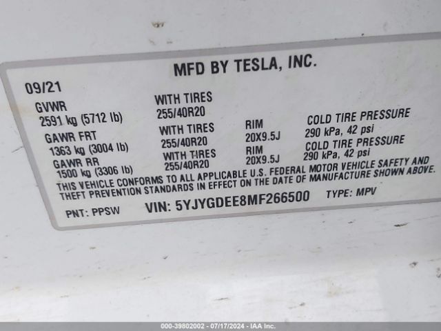 Photo 8 VIN: 5YJYGDEE8MF266500 - TESLA MODEL Y 