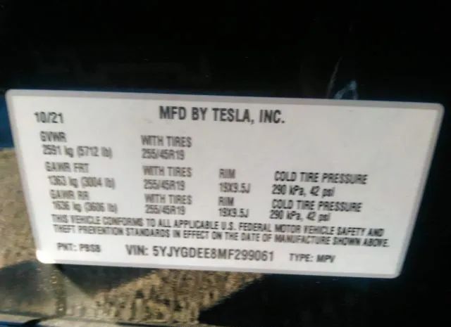 Photo 8 VIN: 5YJYGDEE8MF299061 - TESLA MODEL Y 