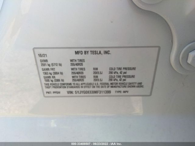 Photo 8 VIN: 5YJYGDEE8MF311399 - TESLA MODEL Y 