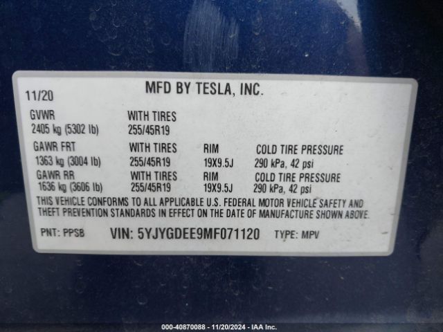 Photo 8 VIN: 5YJYGDEE9MF071120 - TESLA MODEL Y 