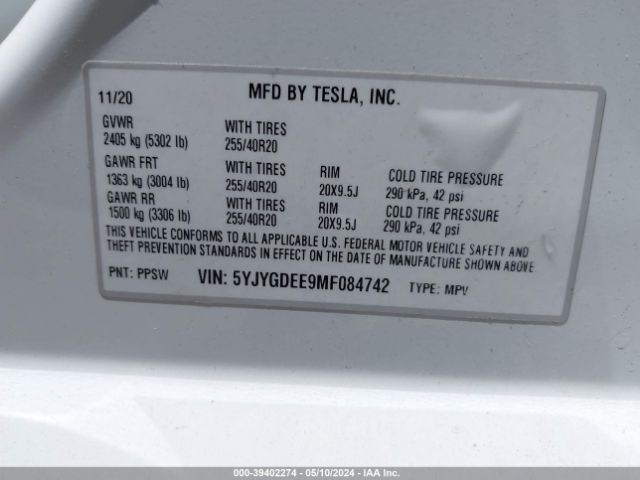 Photo 8 VIN: 5YJYGDEE9MF084742 - TESLA MODEL Y 