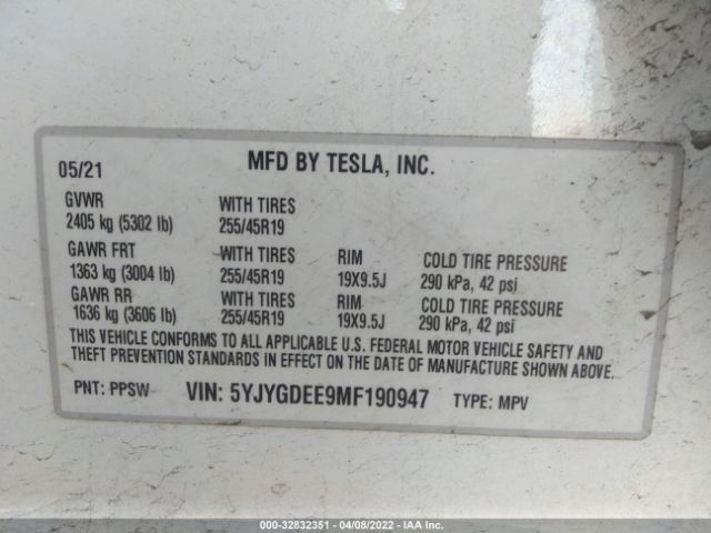 Photo 8 VIN: 5YJYGDEE9MF190947 - TESLA MODEL Y 