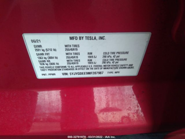 Photo 8 VIN: 5YJYGDEE9MF207987 - TESLA MODEL Y 