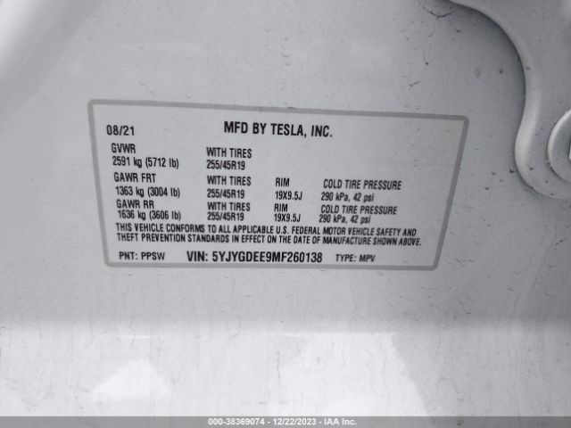 Photo 8 VIN: 5YJYGDEE9MF260138 - TESLA MODEL Y 