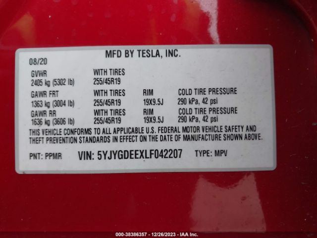 Photo 8 VIN: 5YJYGDEEXLF042207 - TESLA MODEL Y 