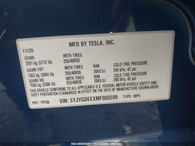 Photo 8 VIN: 5YJYGDEEXMF080599 - TESLA MODEL Y 