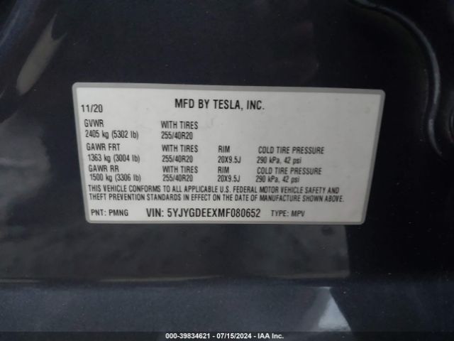 Photo 8 VIN: 5YJYGDEEXMF080652 - TESLA MODEL Y 