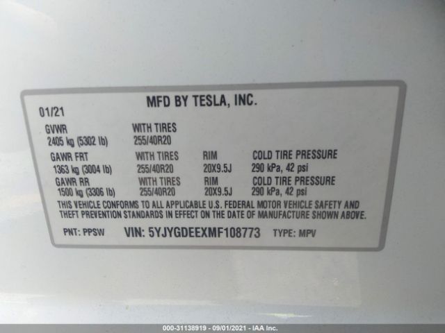 Photo 8 VIN: 5YJYGDEEXMF108773 - TESLA MODEL Y 