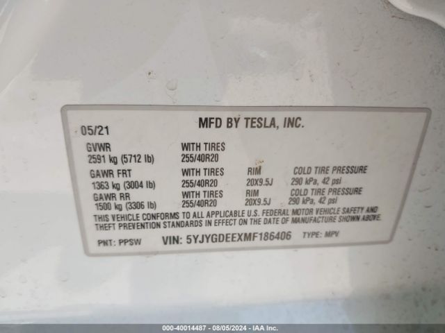 Photo 8 VIN: 5YJYGDEEXMF186406 - TESLA MODEL Y 