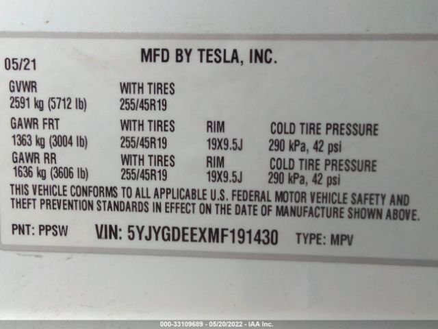 Photo 8 VIN: 5YJYGDEEXMF191430 - TESLA MODEL Y 