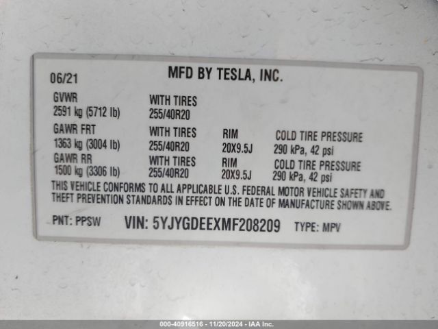 Photo 8 VIN: 5YJYGDEEXMF208209 - TESLA MODEL Y 