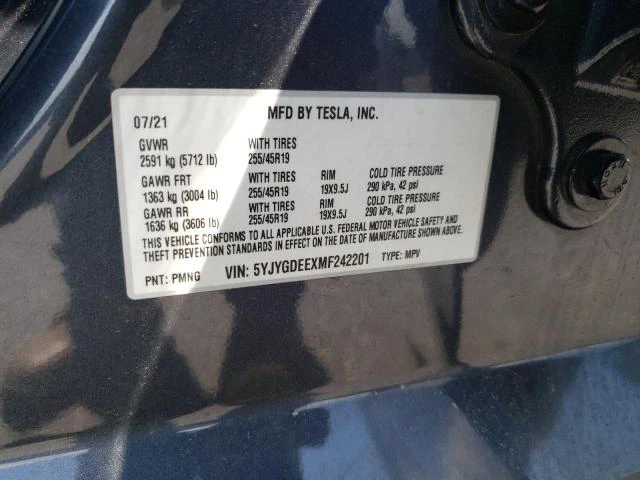 Photo 12 VIN: 5YJYGDEEXMF242201 - TESLA MODEL Y 