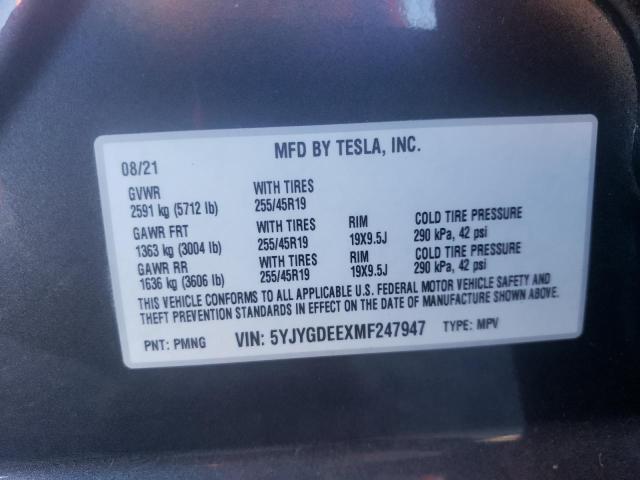 Photo 9 VIN: 5YJYGDEEXMF247947 - TESLA MODEL Y 