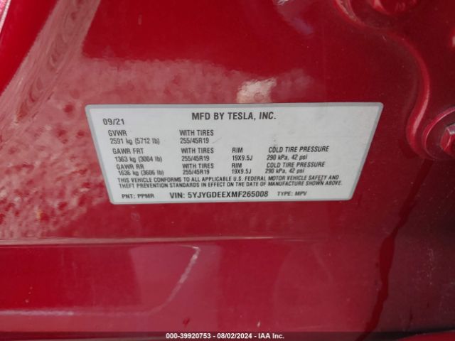 Photo 8 VIN: 5YJYGDEEXMF265008 - TESLA MODEL Y 