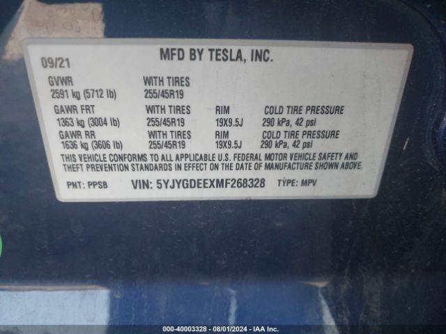 Photo 8 VIN: 5YJYGDEEXMF268328 - TESLA MODEL Y 