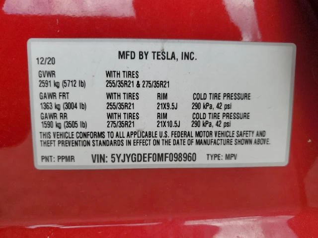 Photo 12 VIN: 5YJYGDEF0MF098960 - TESLA MODEL Y 