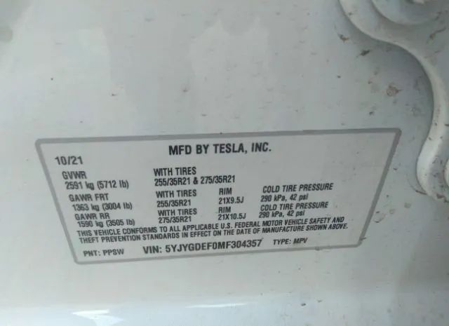 Photo 8 VIN: 5YJYGDEF0MF304357 - TESLA MODEL Y 