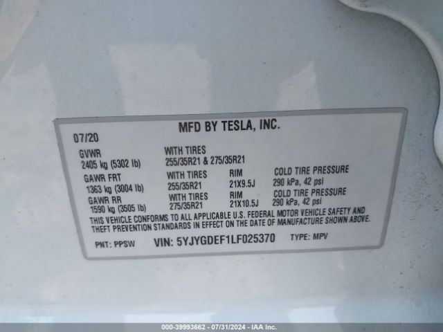 Photo 8 VIN: 5YJYGDEF1LF025370 - TESLA MODEL Y 