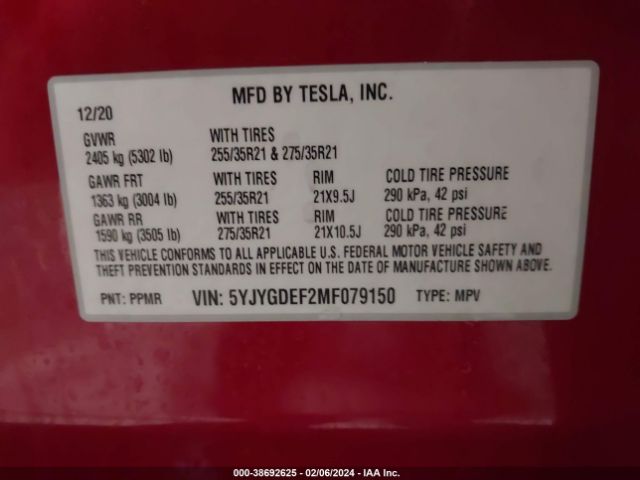 Photo 8 VIN: 5YJYGDEF2MF079150 - TESLA MODEL Y 