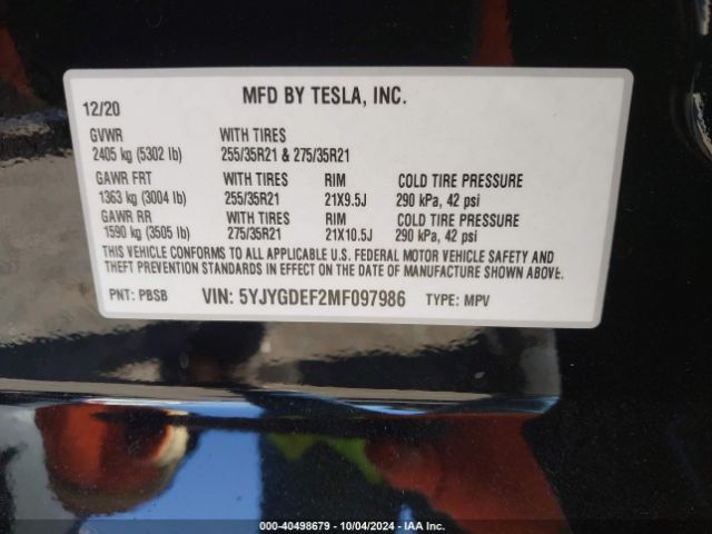 Photo 8 VIN: 5YJYGDEF2MF097986 - TESLA MODEL Y 