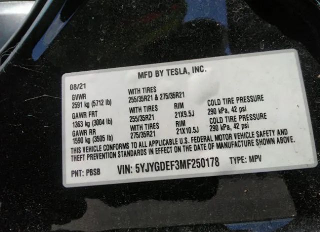 Photo 8 VIN: 5YJYGDEF3MF250178 - TESLA MODEL Y 