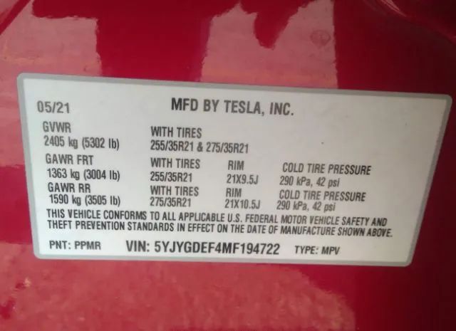 Photo 8 VIN: 5YJYGDEF4MF194722 - TESLA MODEL Y 